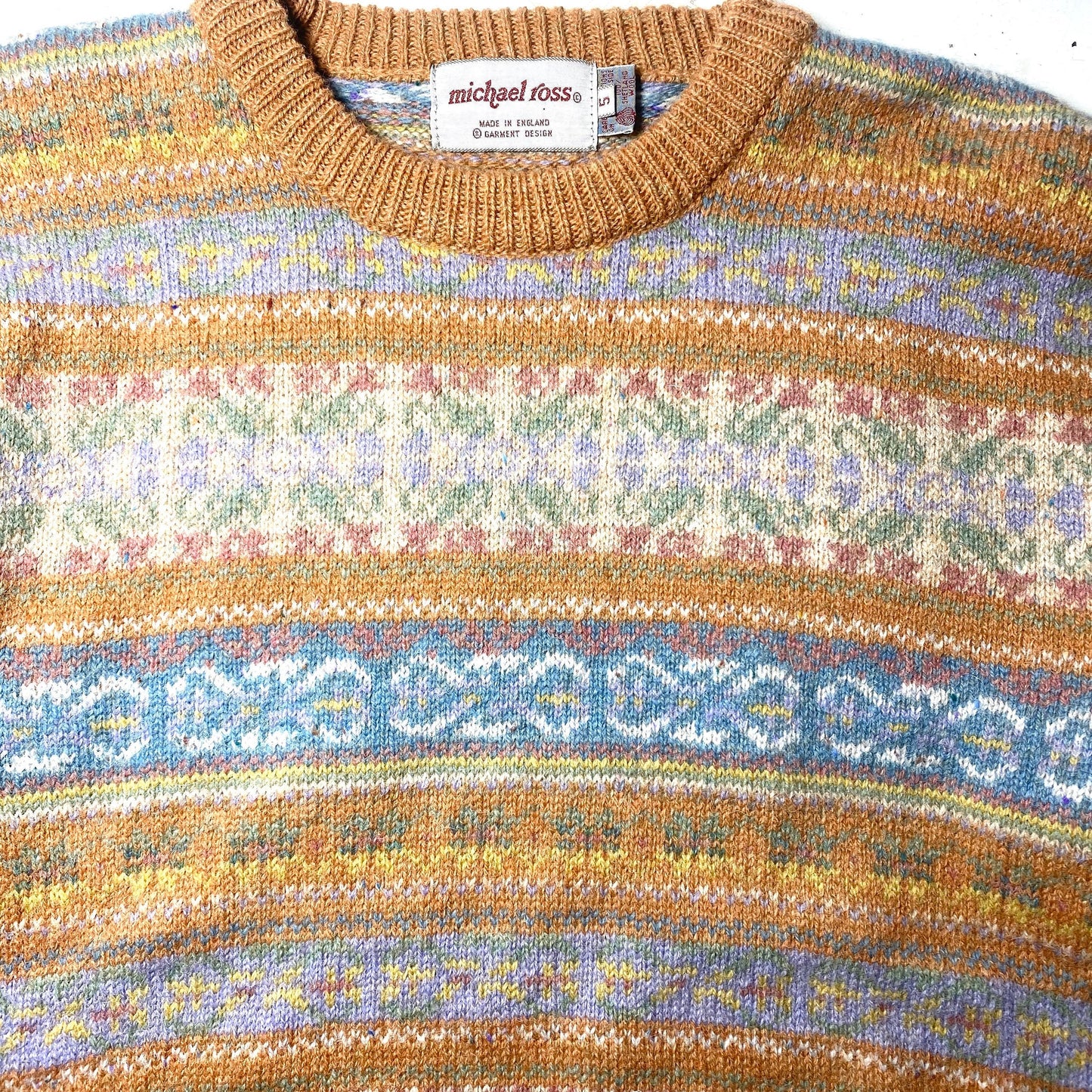 Michael Ross pure new Shetland wool peach base geometrical allover hand loomed  jumper, NWT 80s England