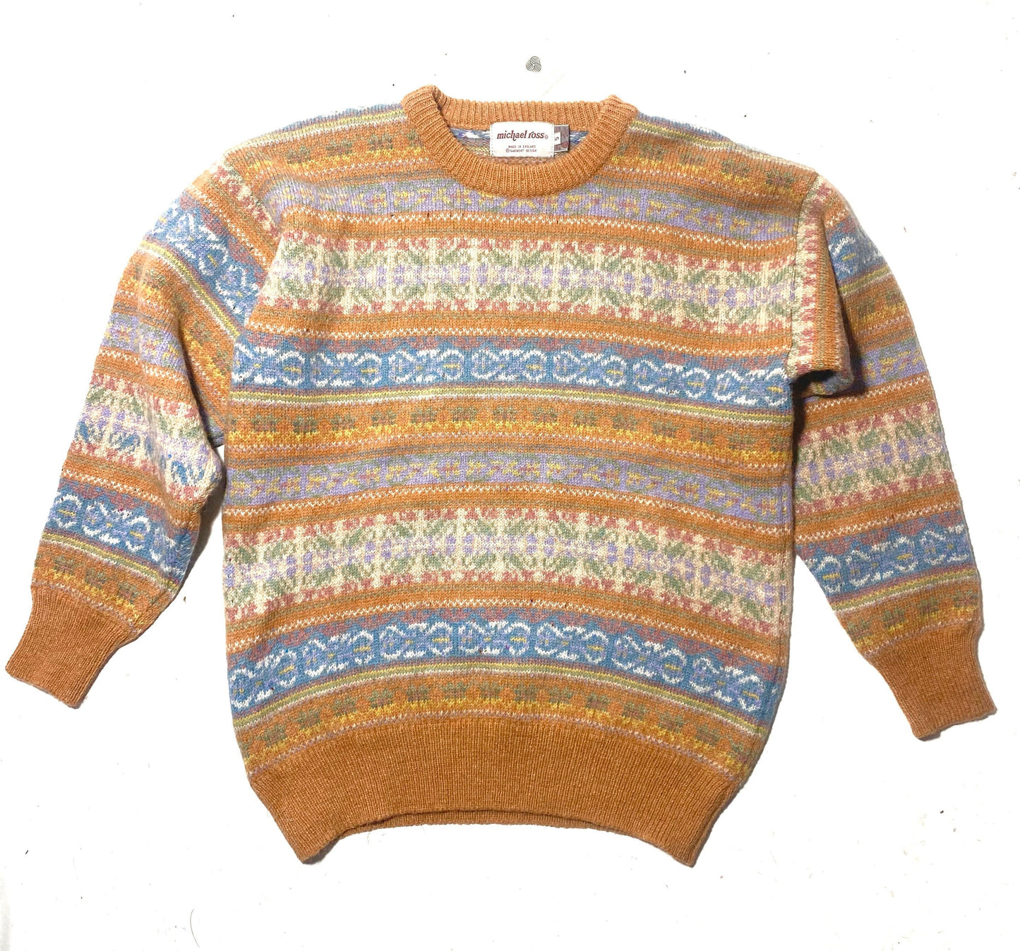 Michael Ross pure new Shetland wool peach base geometrical allover hand loomed  jumper, NWT 80s England