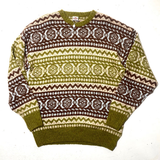 Martin Guy 80s softest wool/alpaca blend winter knitted jumper, green brown and turquoise geometrical allover, NOS 80s Italy