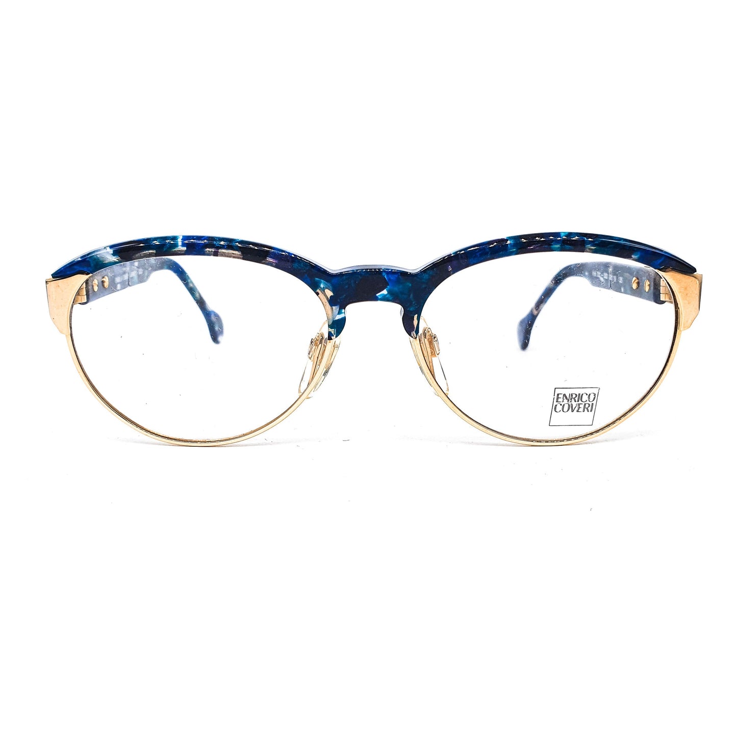 Enrico Coveri 201 blue cellulose clubmaster eyeglasses frames with golden rim and hinges, 1990s NOS Italy