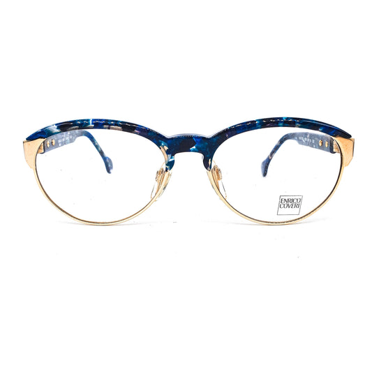 Enrico Coveri 201 blue cellulose clubmaster eyeglasses frames with golden rim and hinges, 1990s NOS Italy