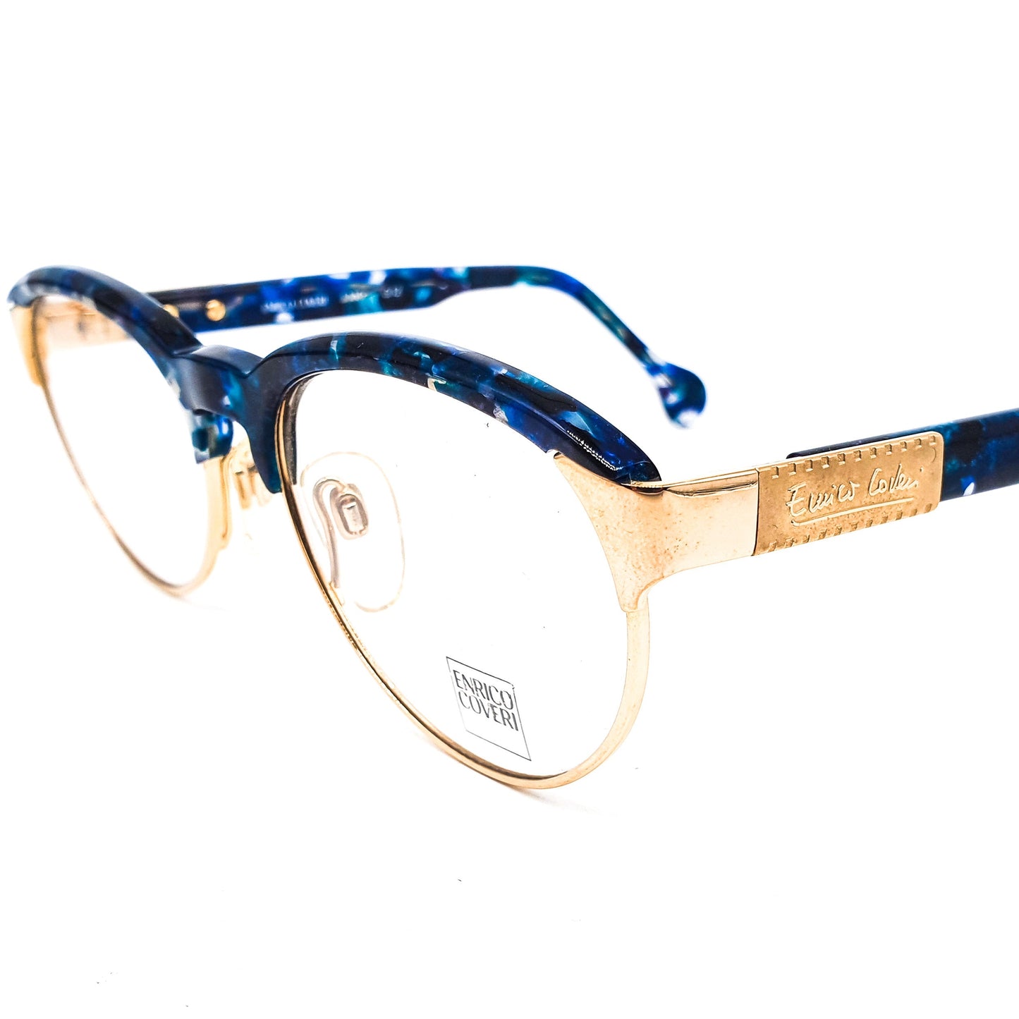 Enrico Coveri 201 blue cellulose clubmaster eyeglasses frames with golden rim and hinges, 1990s NOS Italy