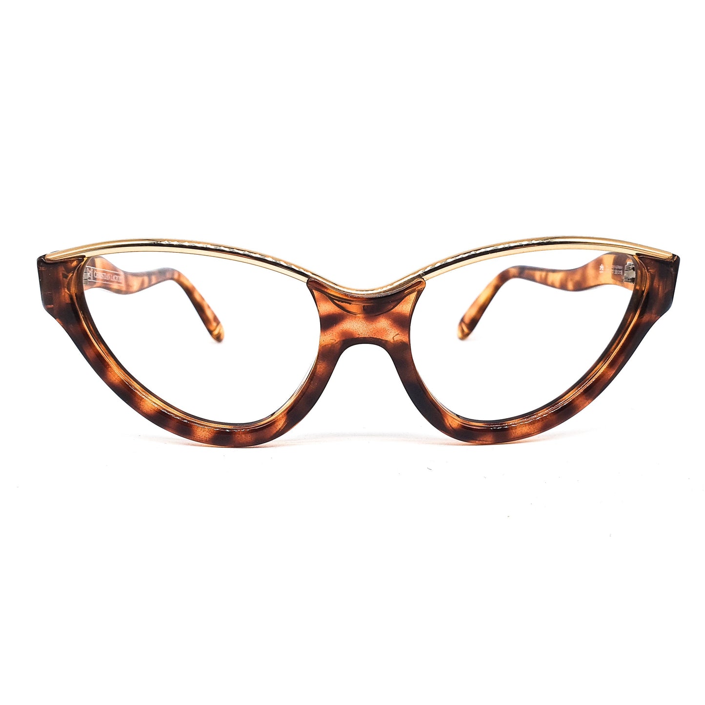 Christian Lacroix vintage brown tortoise acetate cateye eyeglasses frame with shiny gold browline and special wavy temples, 80s nos Germany