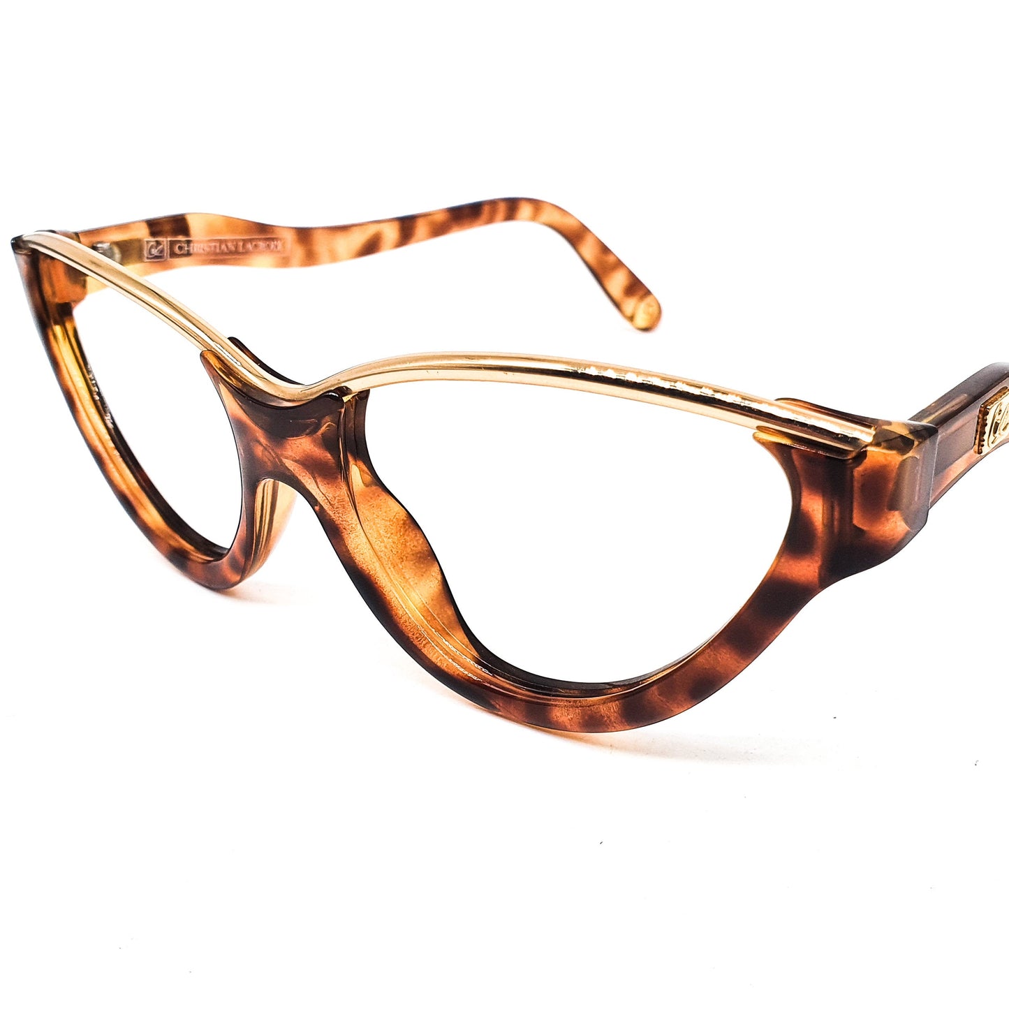 Christian Lacroix vintage brown tortoise acetate cateye eyeglasses frame with shiny gold browline and special wavy temples, 80s nos Germany