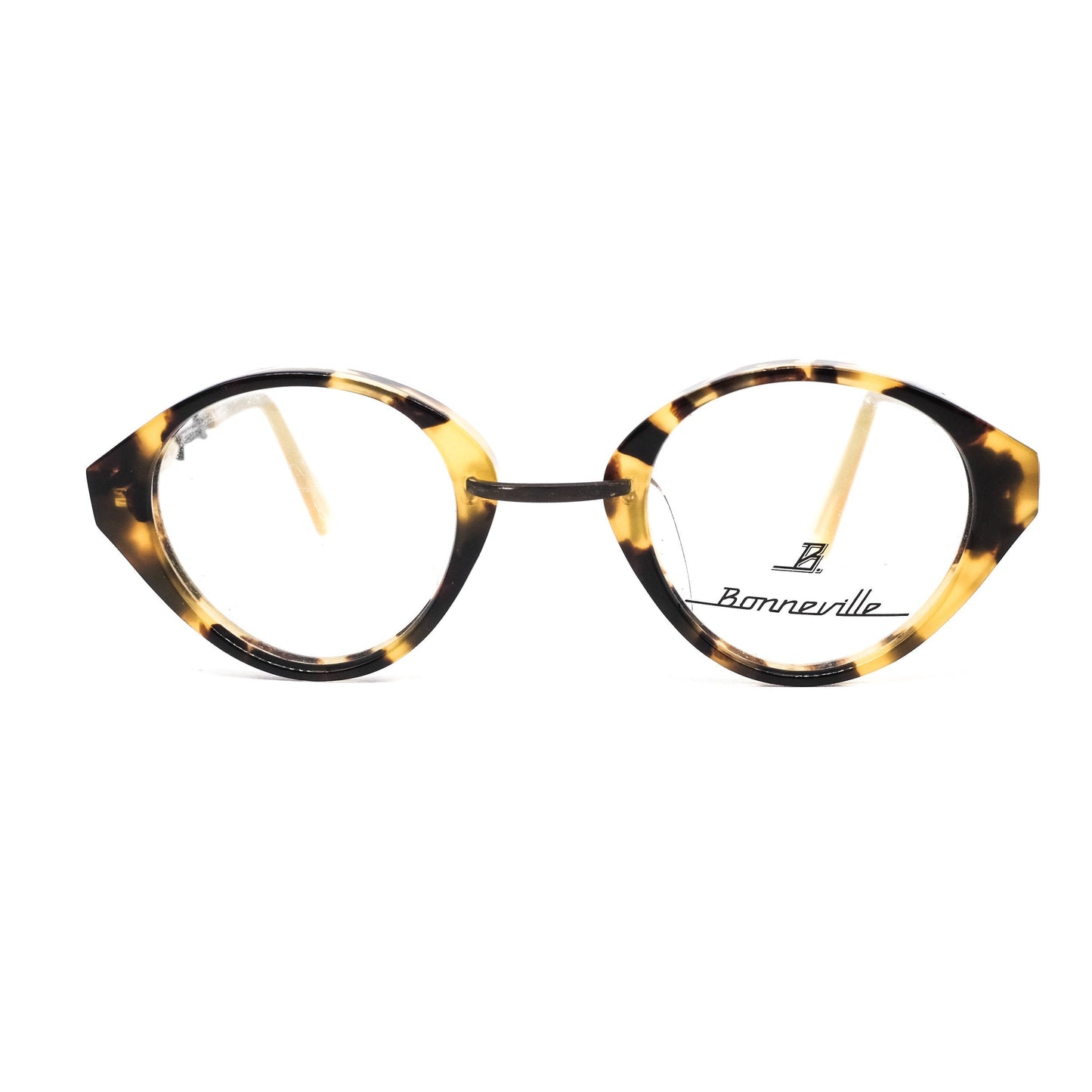 Bonneville vintage brown tortoise round cello eyeglasses frames Made in Germany with special temples design, NOS 1990s