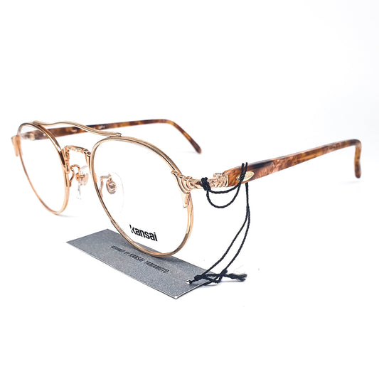 Kansai KY057V minimalist round golden metallic aviator eyeglasses with acetate tortoise temples made in Japan, 1980s NOS