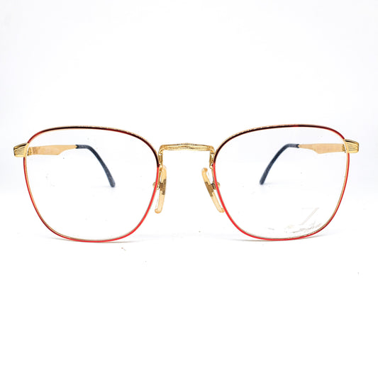 Lozza River square metallic eyeglasses frames with slim red rim and golden temples and nose bridge, 1970's  NOS Italy