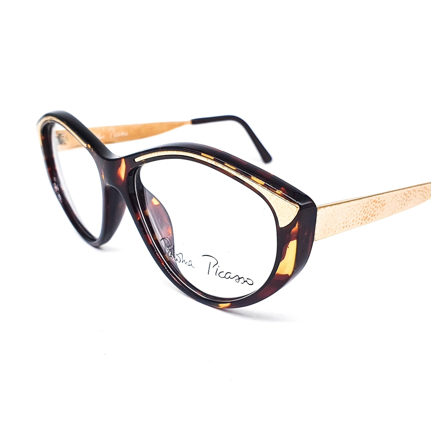 Paloma Picasso 3733  gold metal/ brown translucent tortoise cello droplet eyeglasses frames made in Germany, NOS 1990s