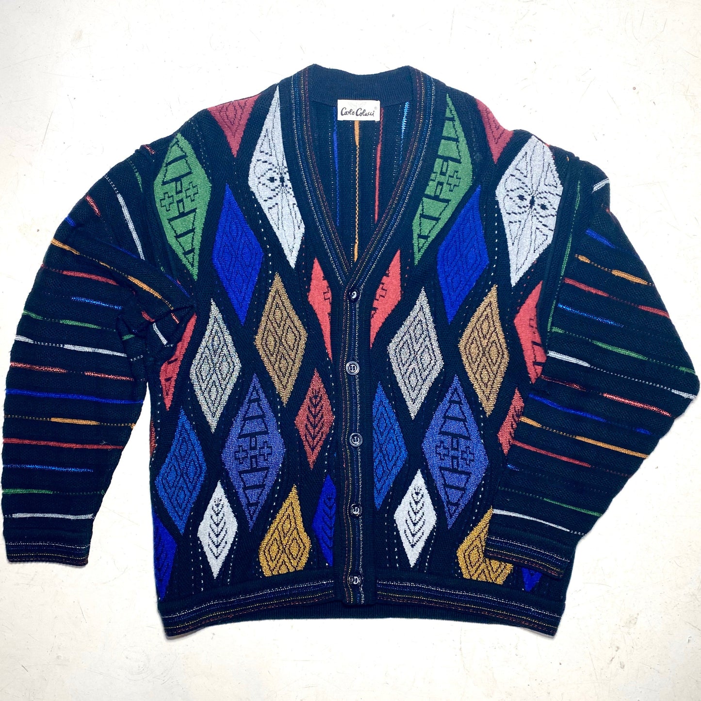 Carlo Colucci coolest primary colors knitted wool sweater / cardigan Coogi / Biggie style, 1990s mint coming in 2 sizes, 52, 54