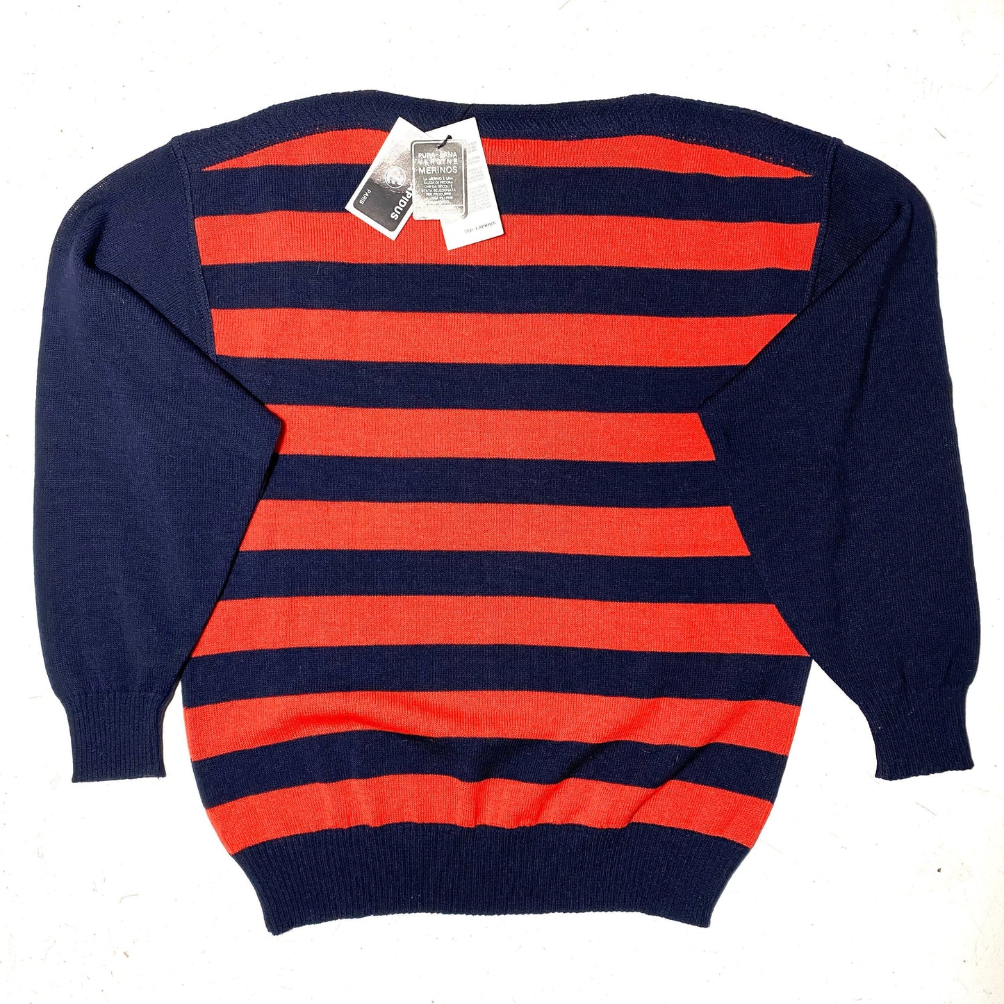 Ted Lapidus Paris pure new merino Wool red/navy striped sailor style jumper, 1980s NOS