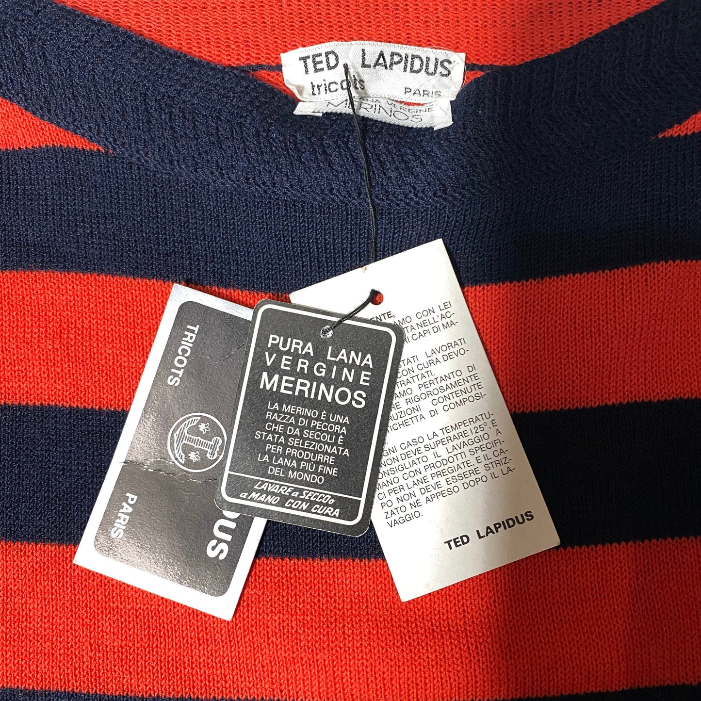 Ted Lapidus Paris pure new merino Wool red/navy striped sailor style jumper, 1980s NOS