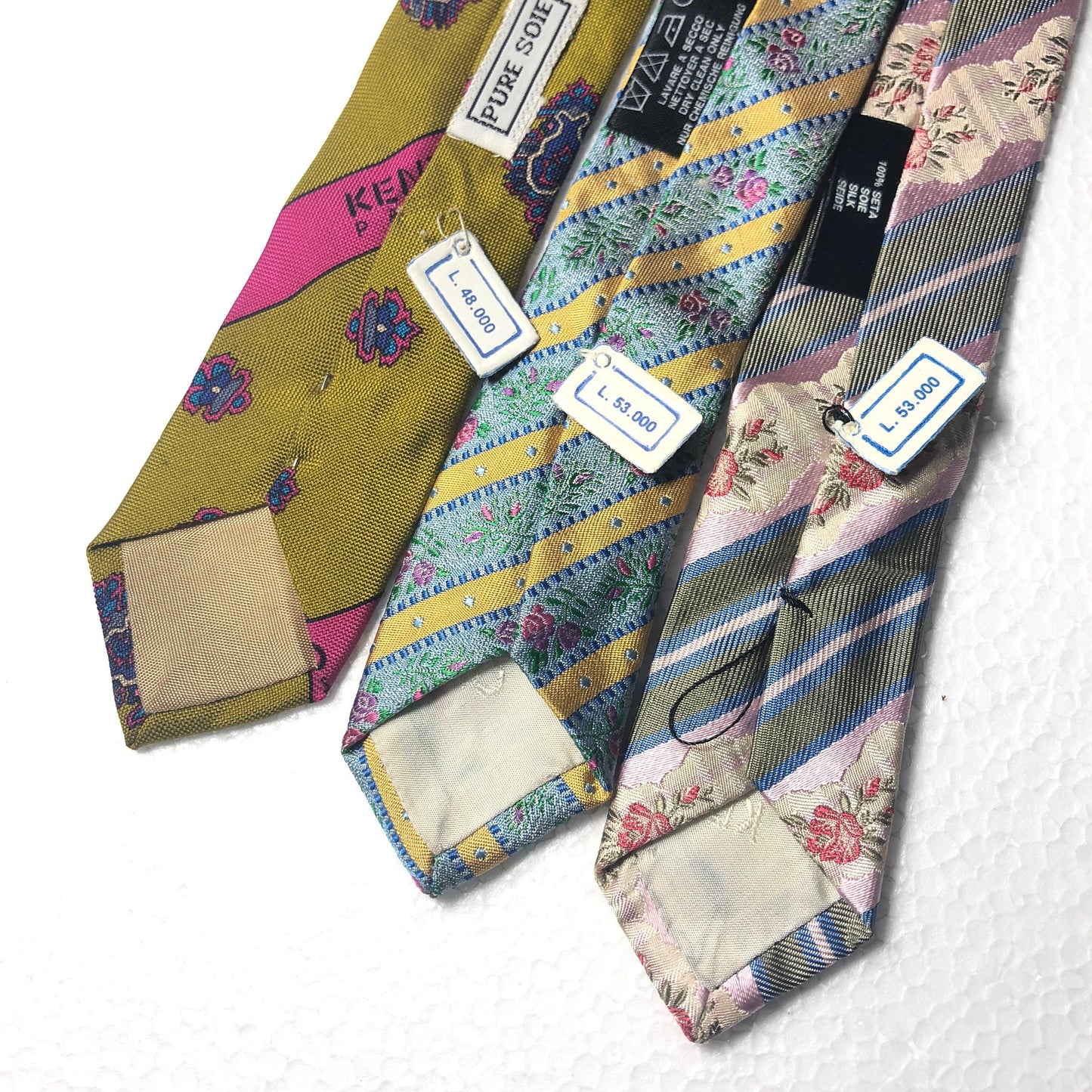 Vintage Kenzo 90s NOS pure silk ties, floral, regimental, paisley, 7 designs new with tags