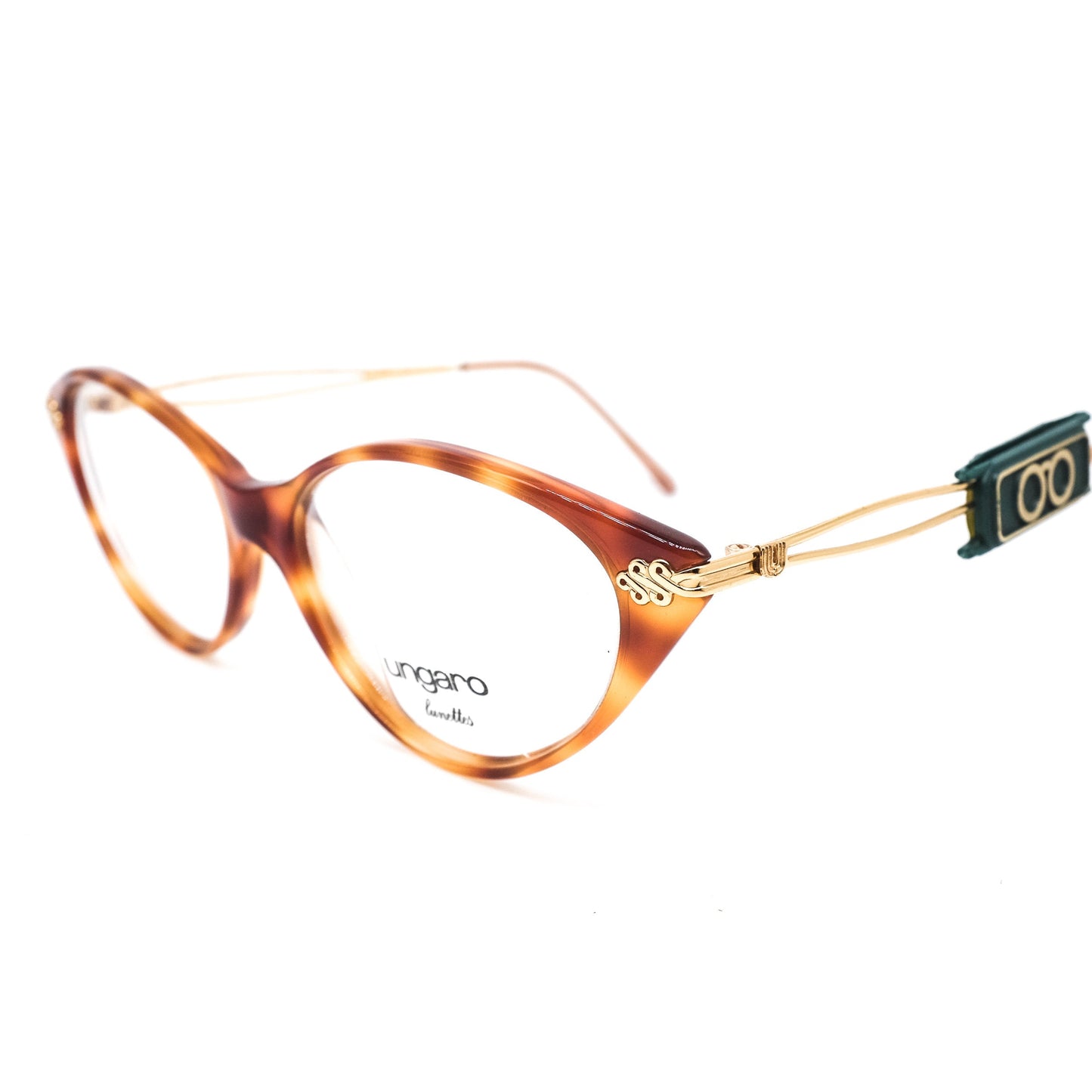 Ungaro U582 brown tortoise acetate cateye eyeglasses with cut off temples design, 80s nos Italy