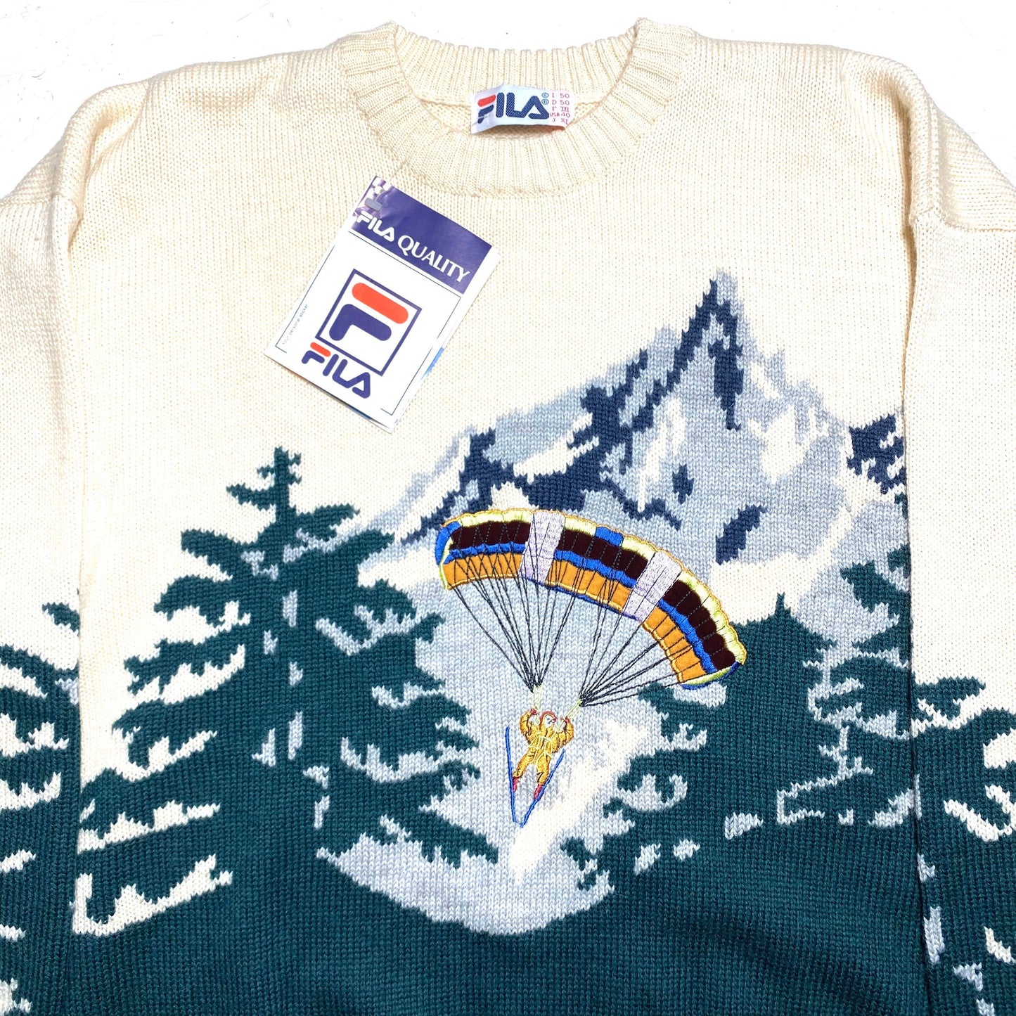 Fila NWT mountain themed embroidered / knitted sweater made in Italy, 90s new with tags