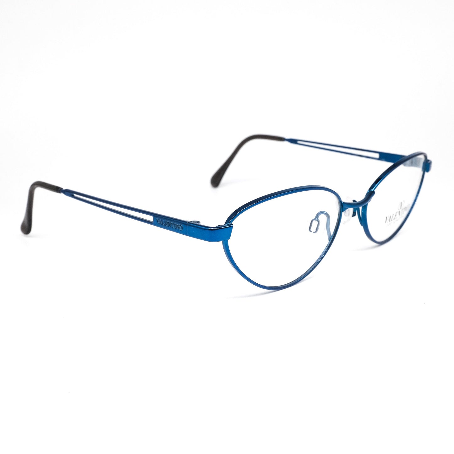 Valentino V452 blue metallic cateye eyeglasses frames with cut off temples design NoS 80s Italy