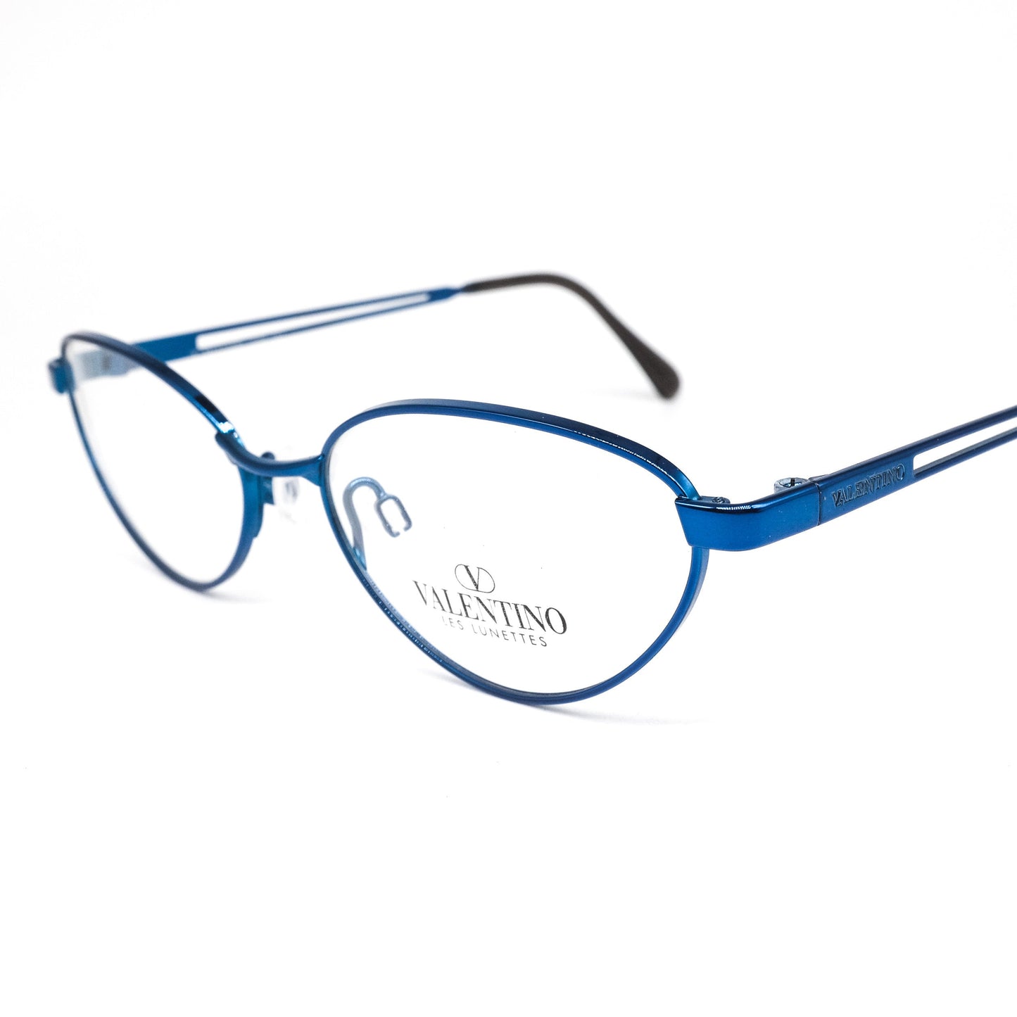 Valentino V452 blue metallic cateye eyeglasses frames with cut off temples design NoS 80s Italy