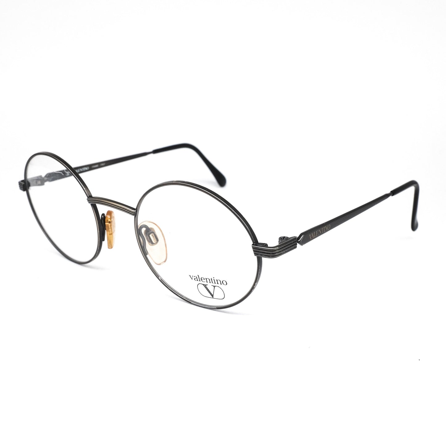 Valentino v389 vintage round minimalistic eyeglasses frames in dark silver gunmetal, 1960s NOS Italy