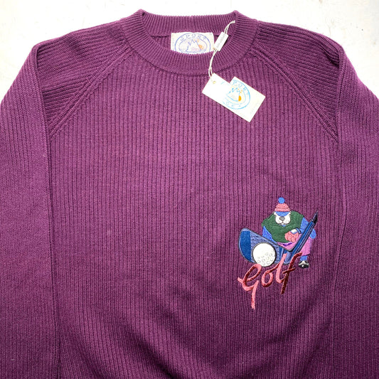 Iceberg NOS pure new wool purple sweater with bear playing golf embroidered, 90s NWT