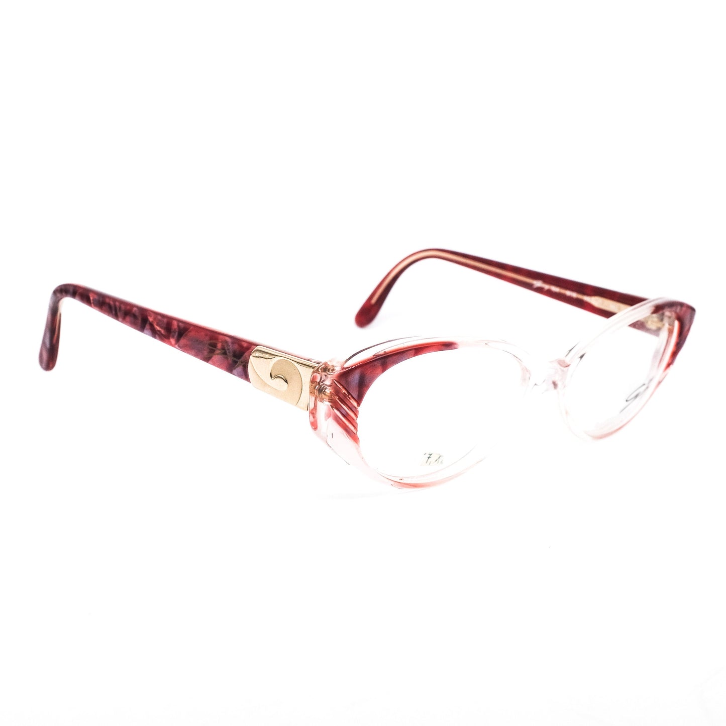 Genny 164 cat eye eyeglasses frames in clear acetate tinted to red close to nicely carved end parts of rim with red temples, Italy 70s NOS