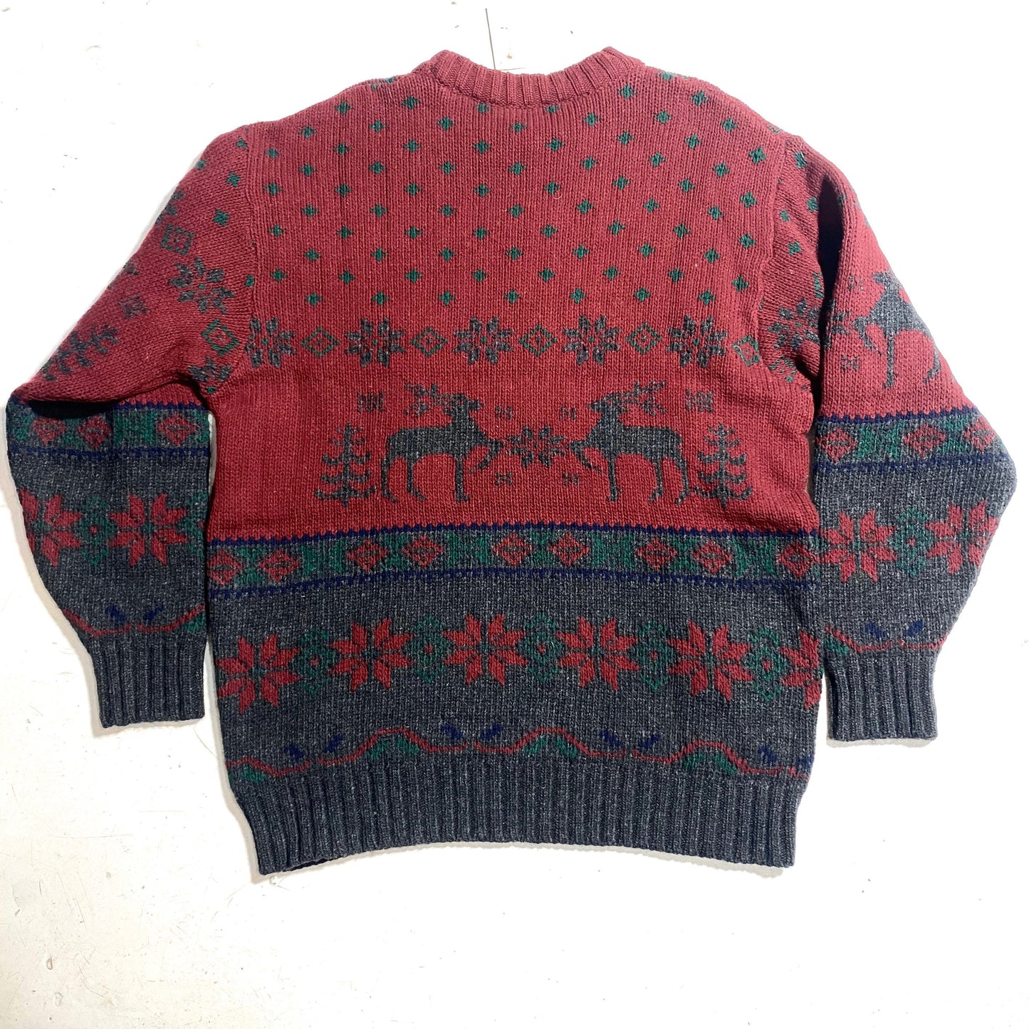 Roberto Collina burgundy wool knitted Christmas sweater, deers & snowflakes, 90s NOS with tags