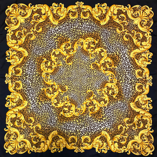 Versace Vibe Baroque cheetah / gold achantus frame pure silk scarf made in Italy, NOS 90s with tag
