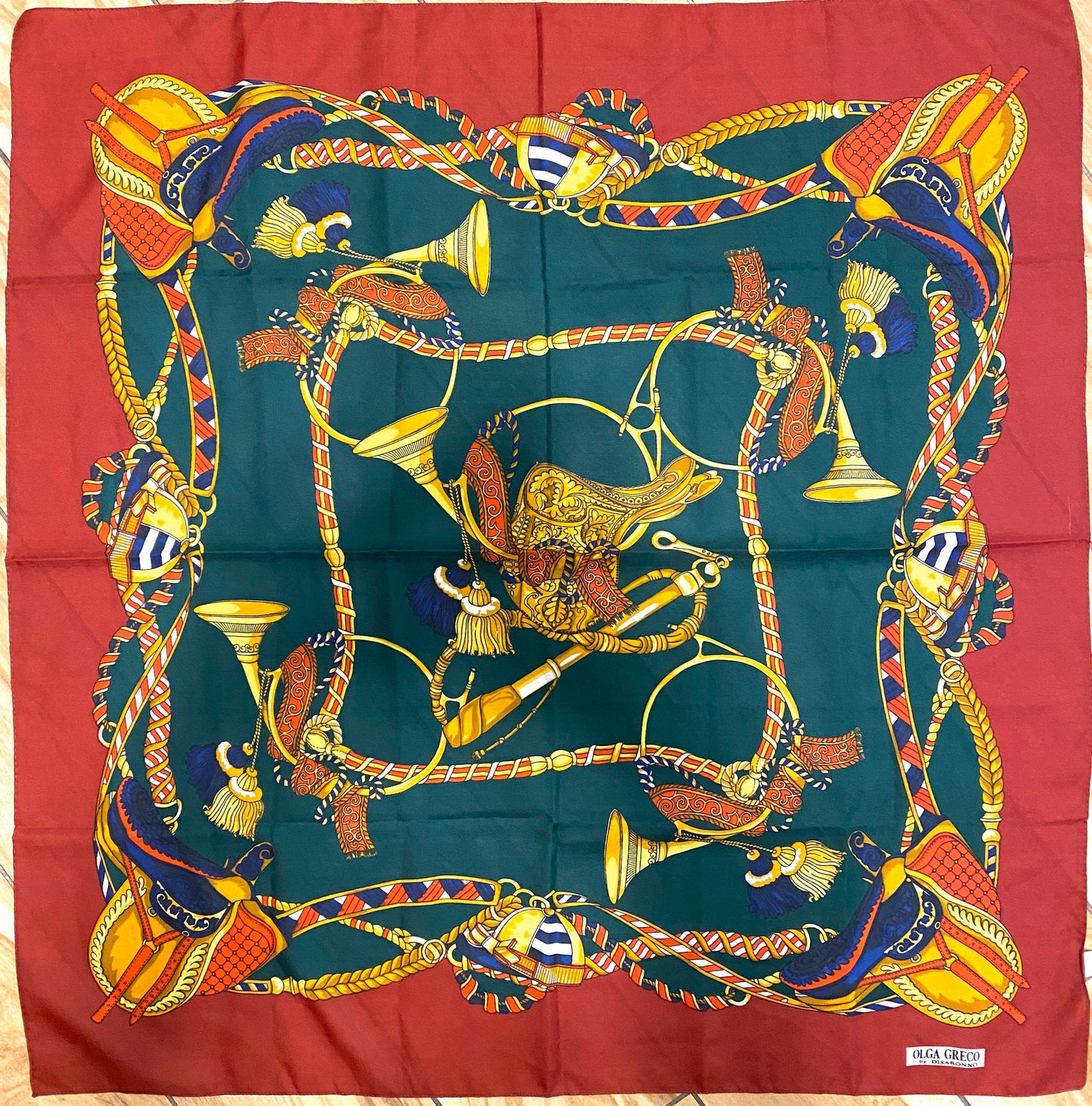 Olga Greco satin baroque red / green hermes style royalty / chevalry print scarf, 80s minty