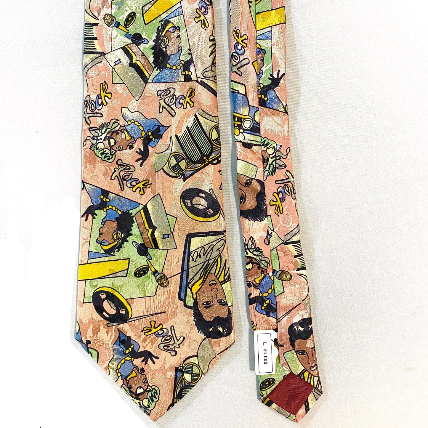 Coolest Rock’n’Roll pure silk tie featuring Elvis, Vynil, Cadillac & more music references, 80s NWT