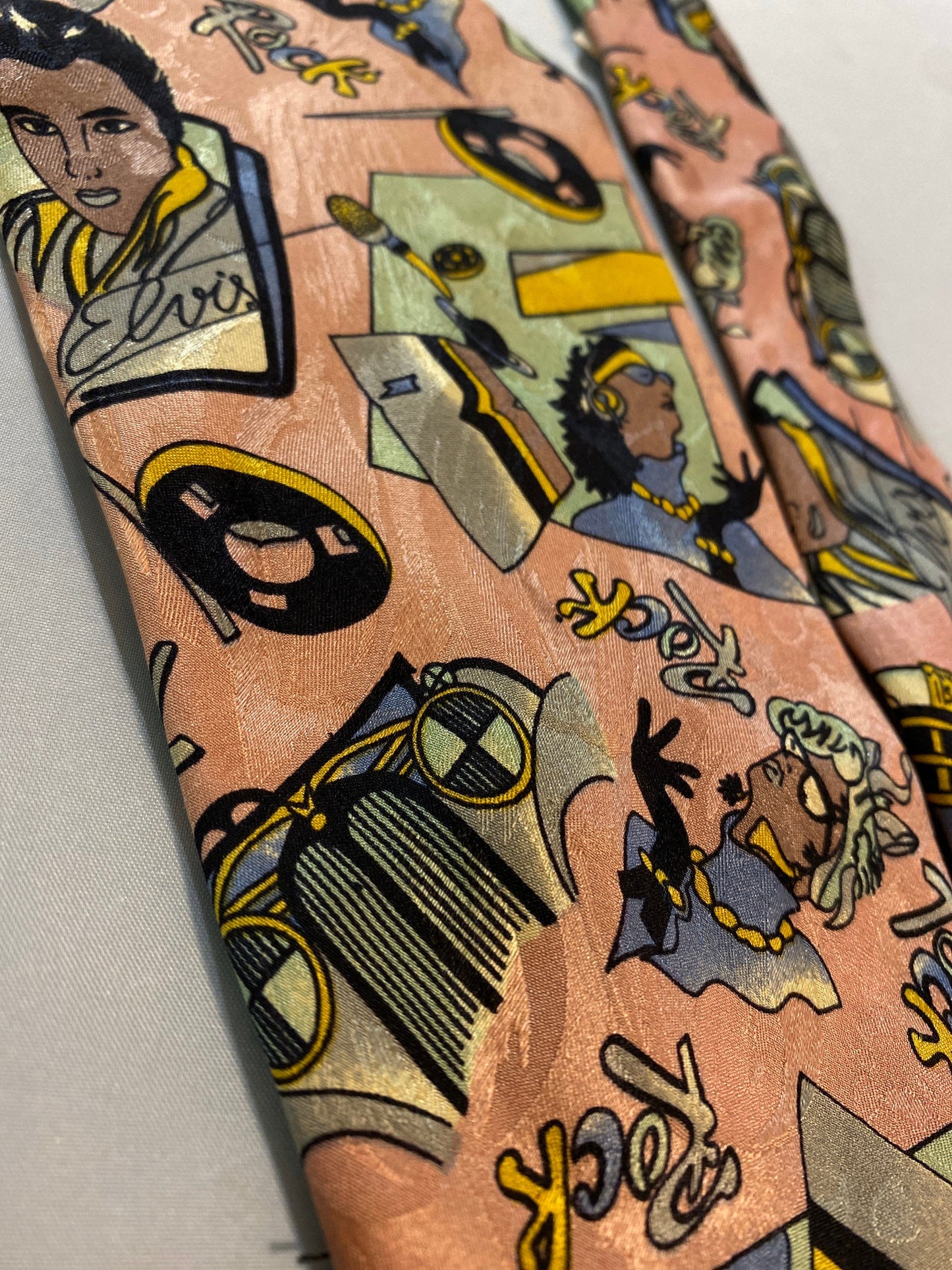 Coolest Rock’n’Roll pure silk tie featuring Elvis, Vynil, Cadillac & more music references, 80s NWT