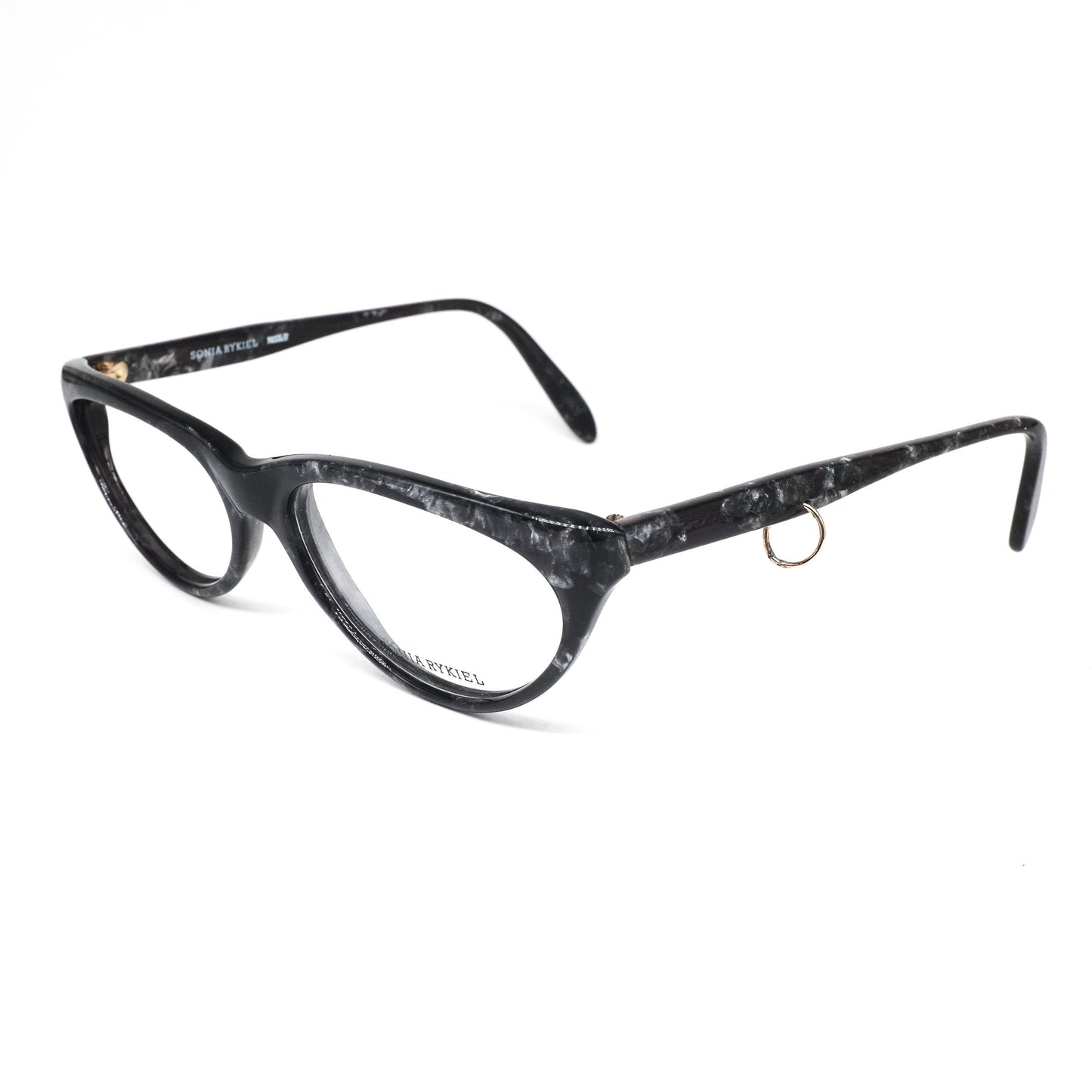 Sonia Rykiel SR10  teardrop shaped black marble acetate eyeglasses frames with cool pierced temple detail, NoS 80s France