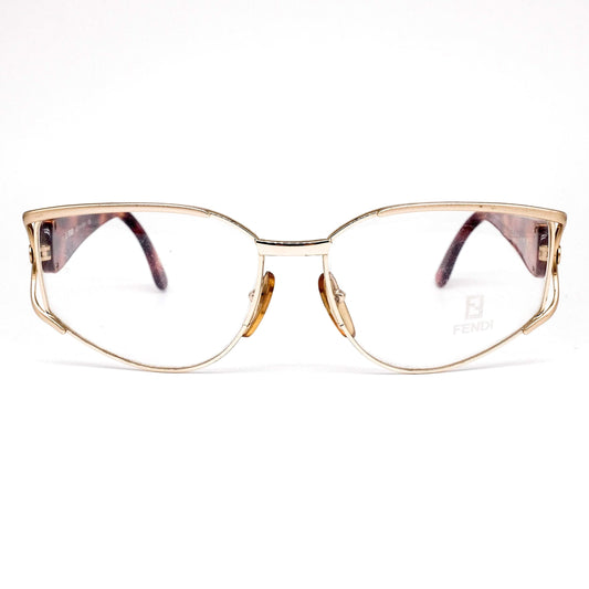 Fendi FV174 golden metallic cello drop shaped eyeglasses frames in with cut off hinges and wide acetate temples, hand made in Italy 80s