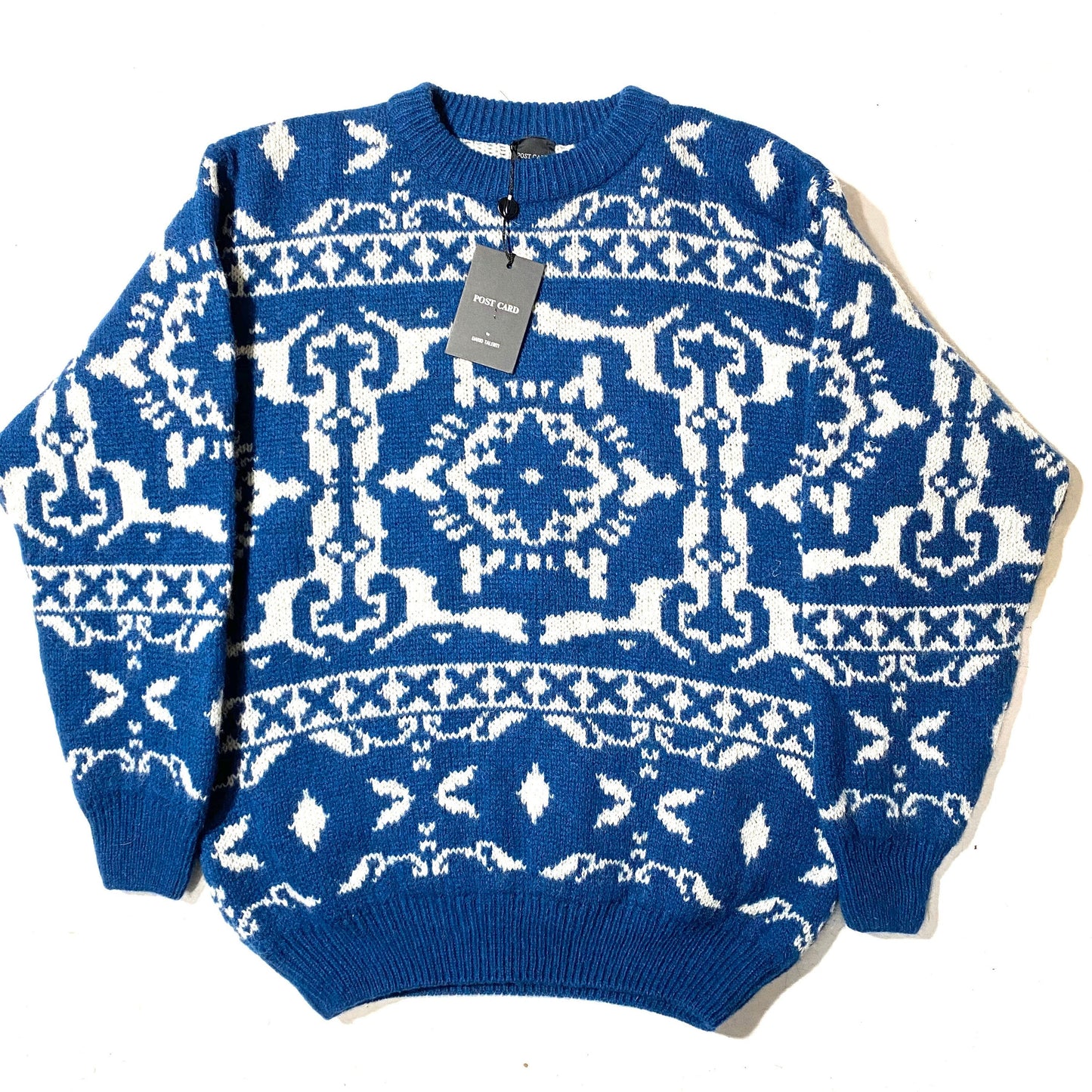 Post Card NWT 90s blue/white snowflakes and geometry all over wool Jumper, 80s NoS Italy