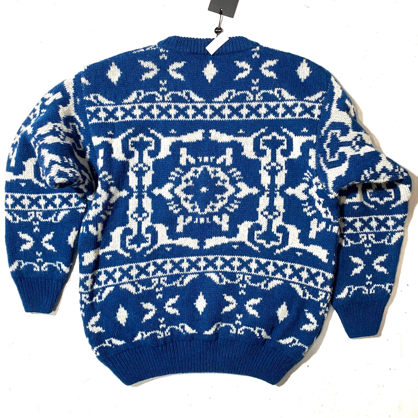 Post Card NWT 90s blue/white snowflakes and geometry all over wool Jumper, 80s NoS Italy