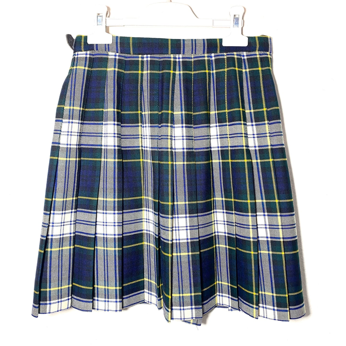 Authentic UK made Scottish wool Blue plaid tartan plissed mini skirt with leather straps, mint condition size 10