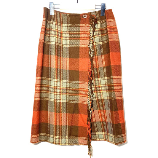 Ralph Lauren country fringed plaid tartan skirt, warm brown/ brick red colors, mint condition sz 6