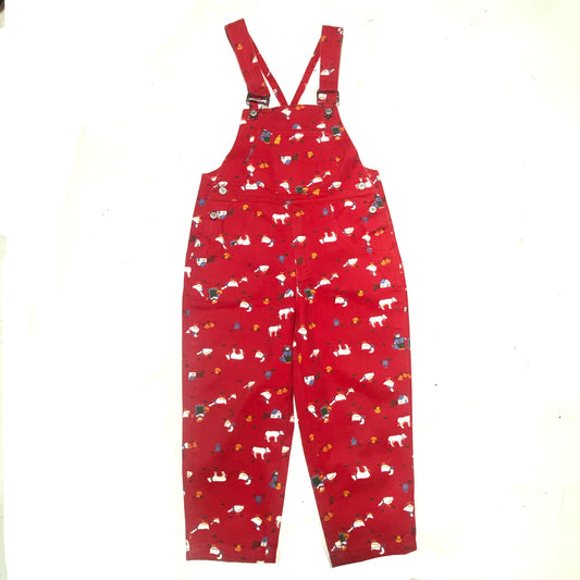 Fancy kids red dungarees with farmers / animals allover, cute and minty sz 3 years 94cm