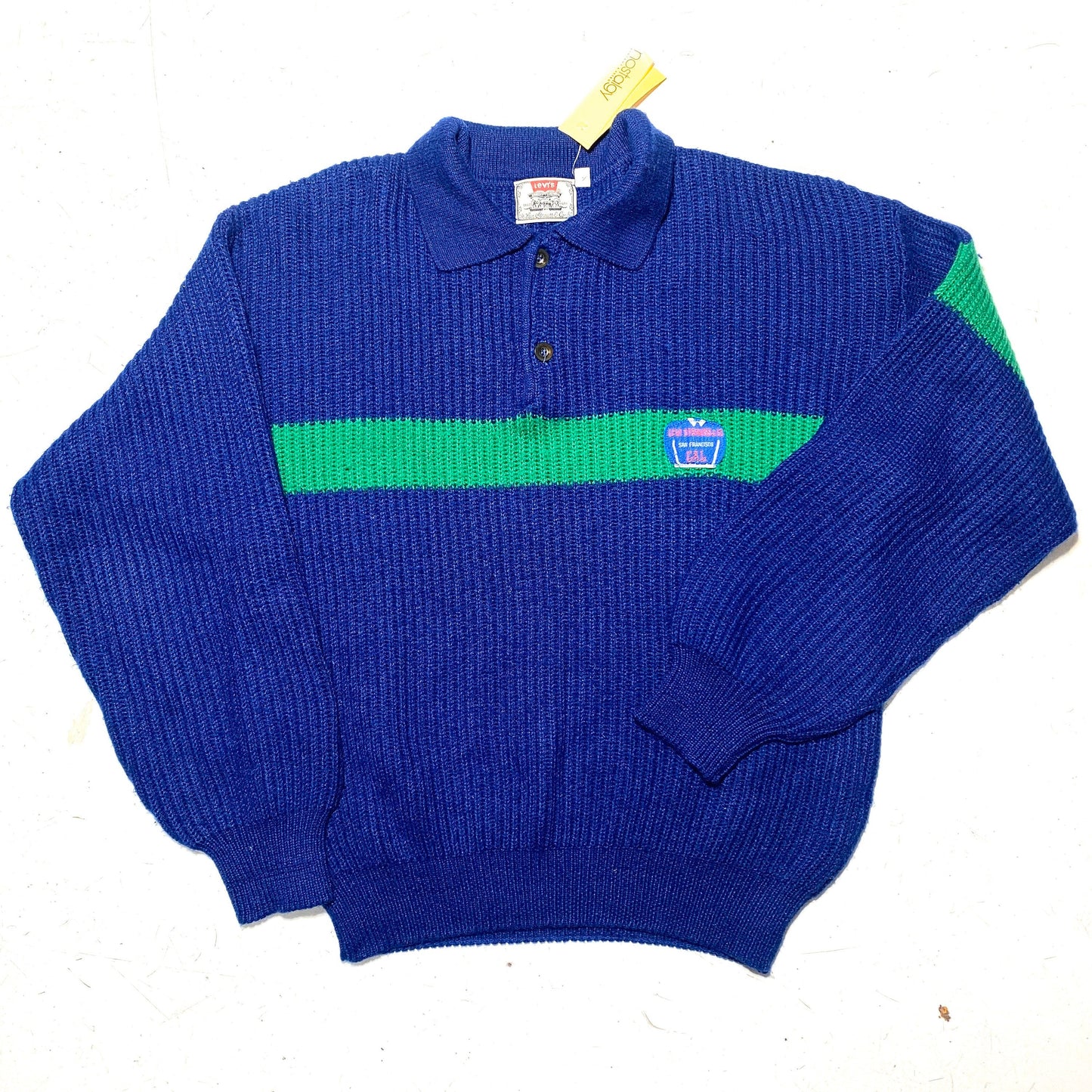Levi’s 80s blue ribbed wool pullover with horizontal green stripe, mint condition