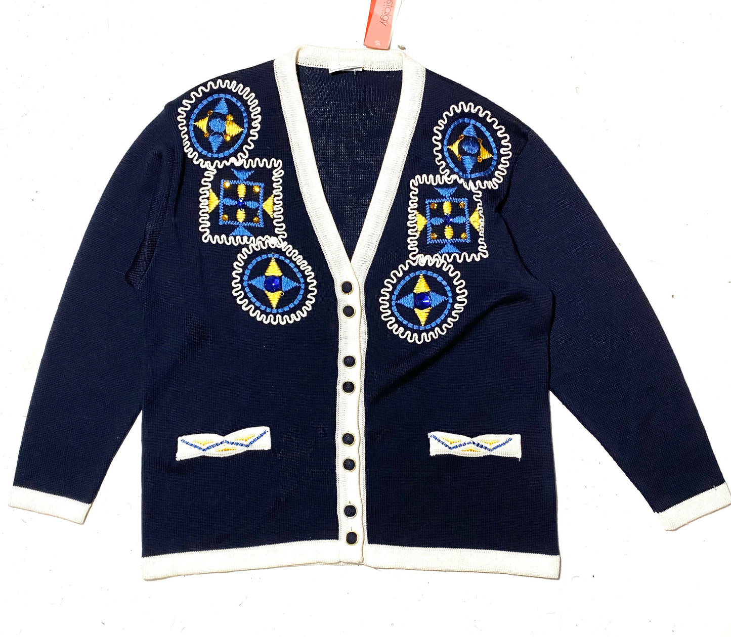Ella vintage navy ladies cardigan with embroidered motif and pockets, 89s mint condition