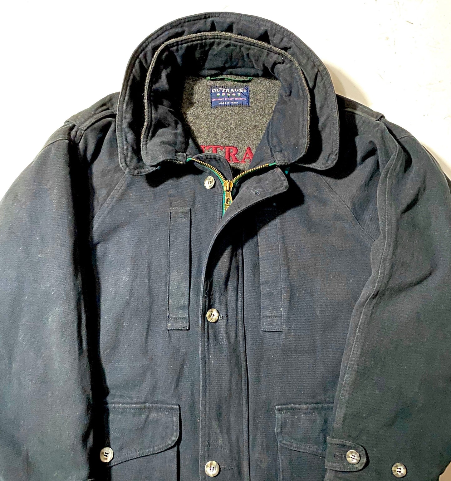Outrage NWT navy canvas parka coat with detachable hoodie and quilted / padded lining, mint