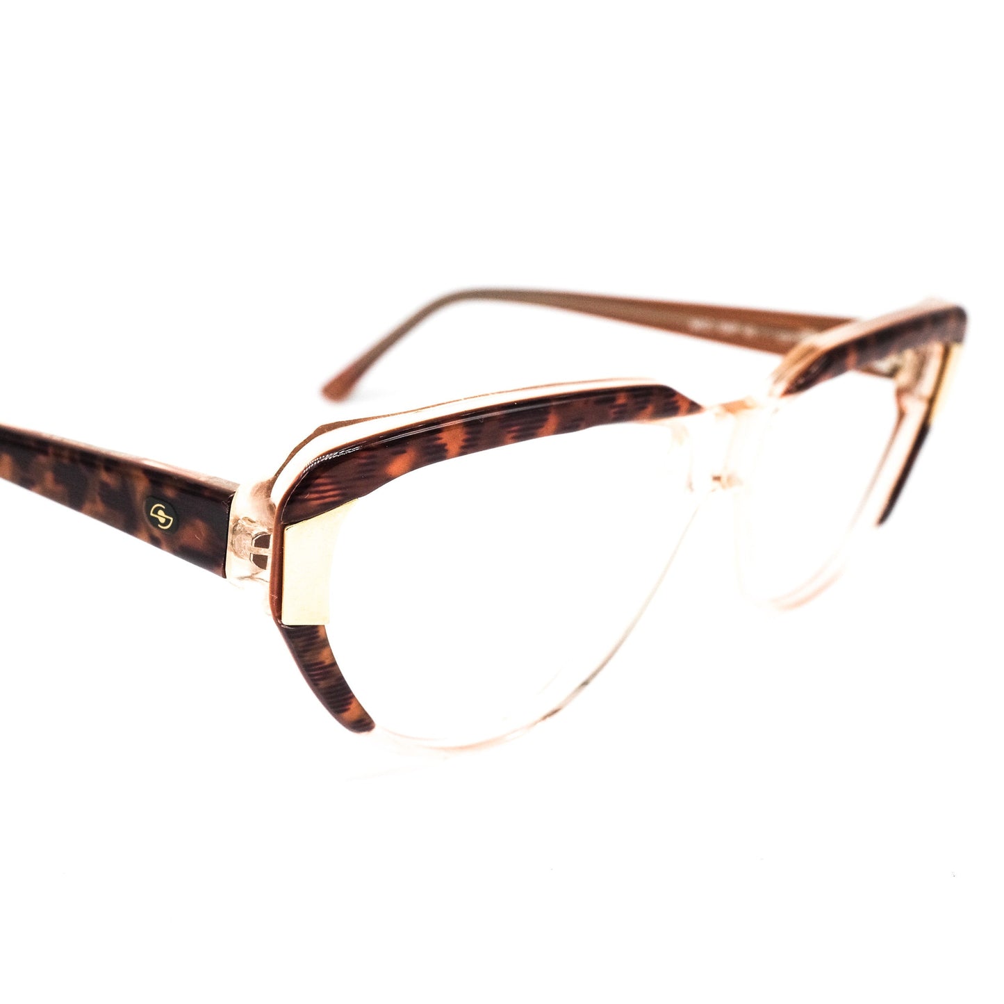 Soline SVP45 vintage teardrop shape brown tortoise cello eyeglasses frames with golden metal details Made in Italy, NOS 1990s