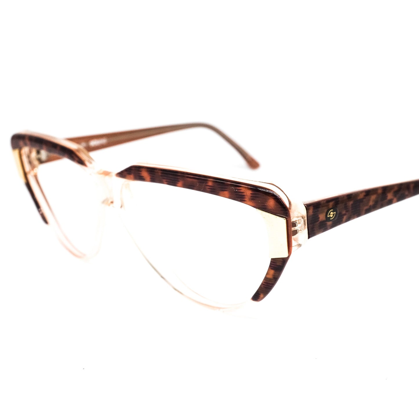 Soline SVP45 vintage teardrop shape brown tortoise cello eyeglasses frames with golden metal details Made in Italy, NOS 1990s