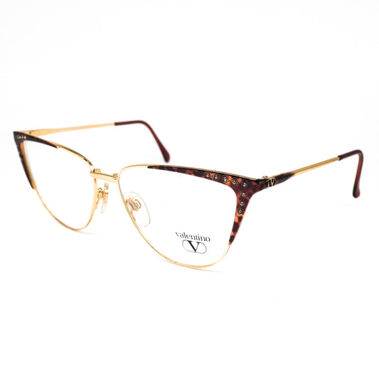 Valentino 357 golden cateye cello eyeglasses frames with brown tortoise enriched with rhinestone details, 1980s NOS
