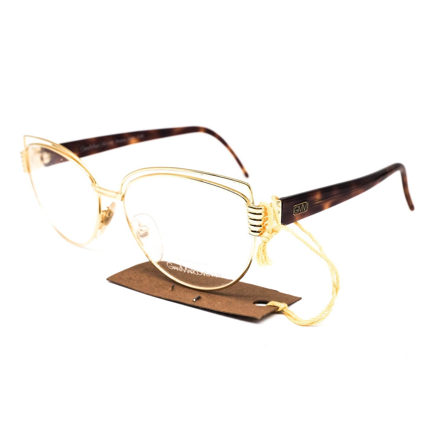 Gian Marco Venturi 024 golden metallic cateye eyeglasses frames with double browline made in Italy with cut off designed hinges, NOS 1990s