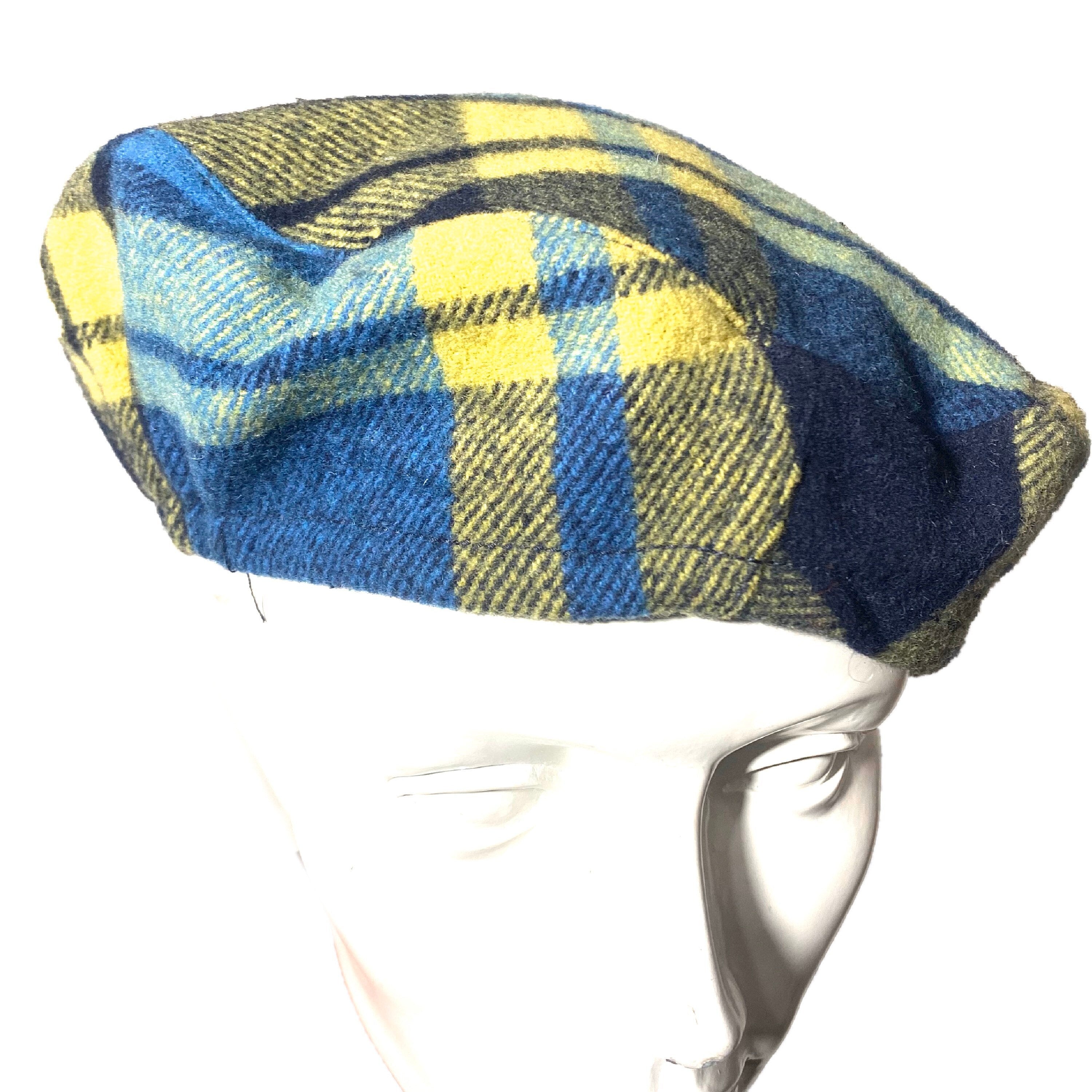Diesel military style yellow/blue plaid wool beret / hat made in
