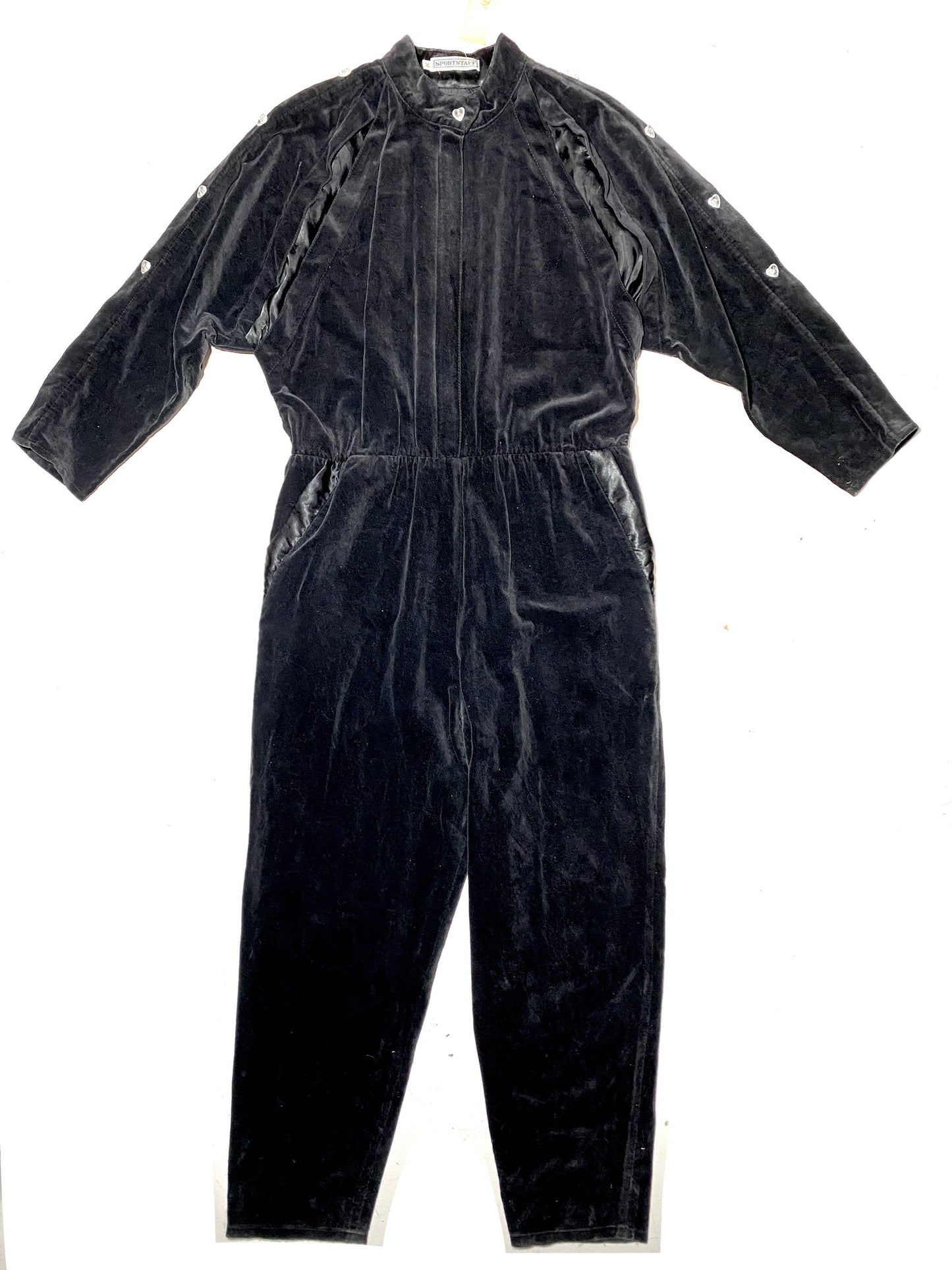 Sportstaff coolest black velvet & silk winter jumpsuit with heart crystal buttons, great condition