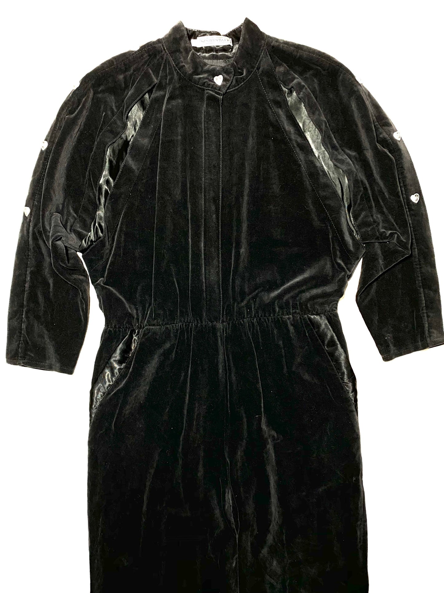 Sportstaff coolest black velvet & silk winter jumpsuit with heart crystal buttons, great condition