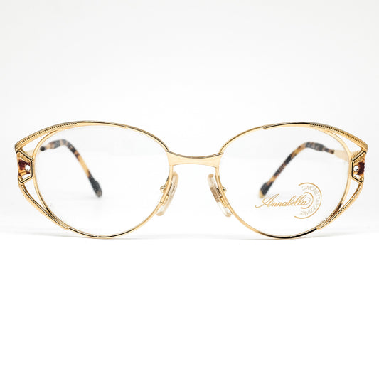 Annabella 1140 luxury golden oversized round oval eyeglasses frames with cut off details with rhinestones, NOs 80s