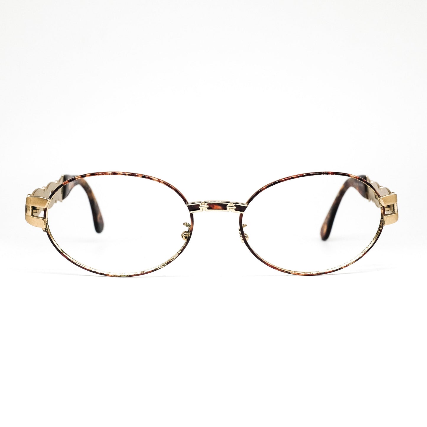 Fendi SL 7058 oval satin gold eyeglasses frames with cutoff logo details on temples, 90s great condition