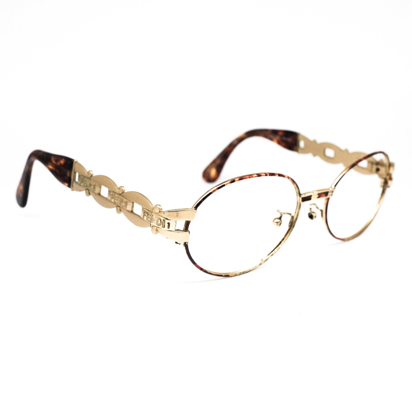 Fendi SL 7058 oval satin gold eyeglasses frames with cutoff logo details on temples, 90s great condition