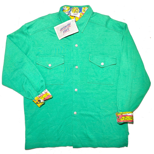 GreenStone Park green sweatshirt button up cotton shirt with abstract printed cuff and collar lining, 90s New With tags
