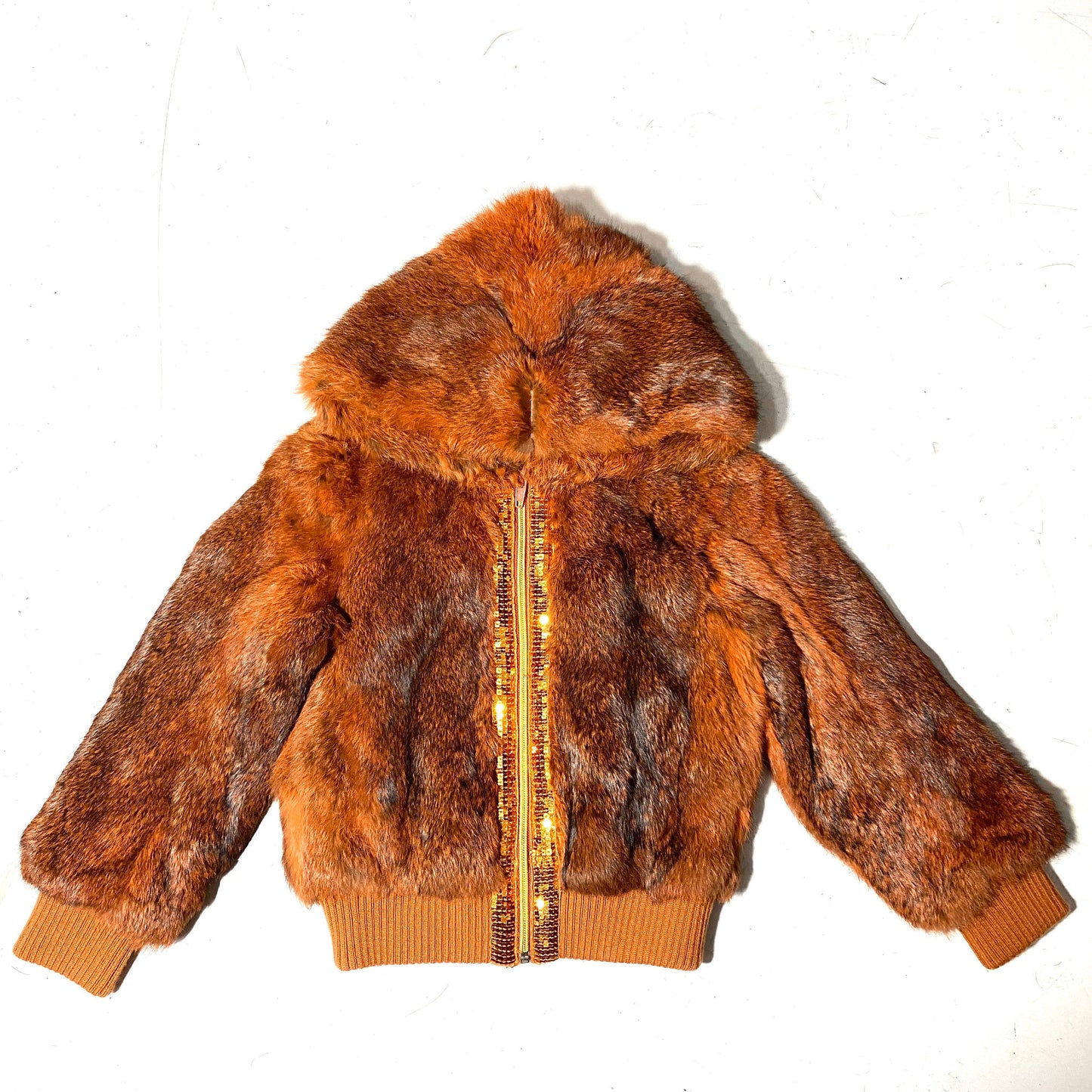 Luxury hooded Orange lapin fur jacket with glittery sequined ribbon, for kids, sz 6